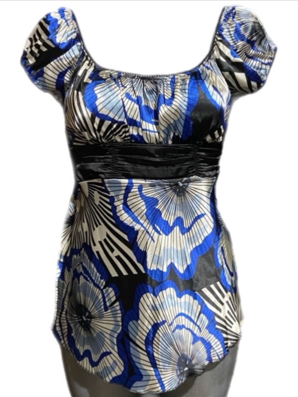 Heart Soul Y2K Babydoll Satin Blouse Top Blue/Black Floral Steampunk Milkmaid